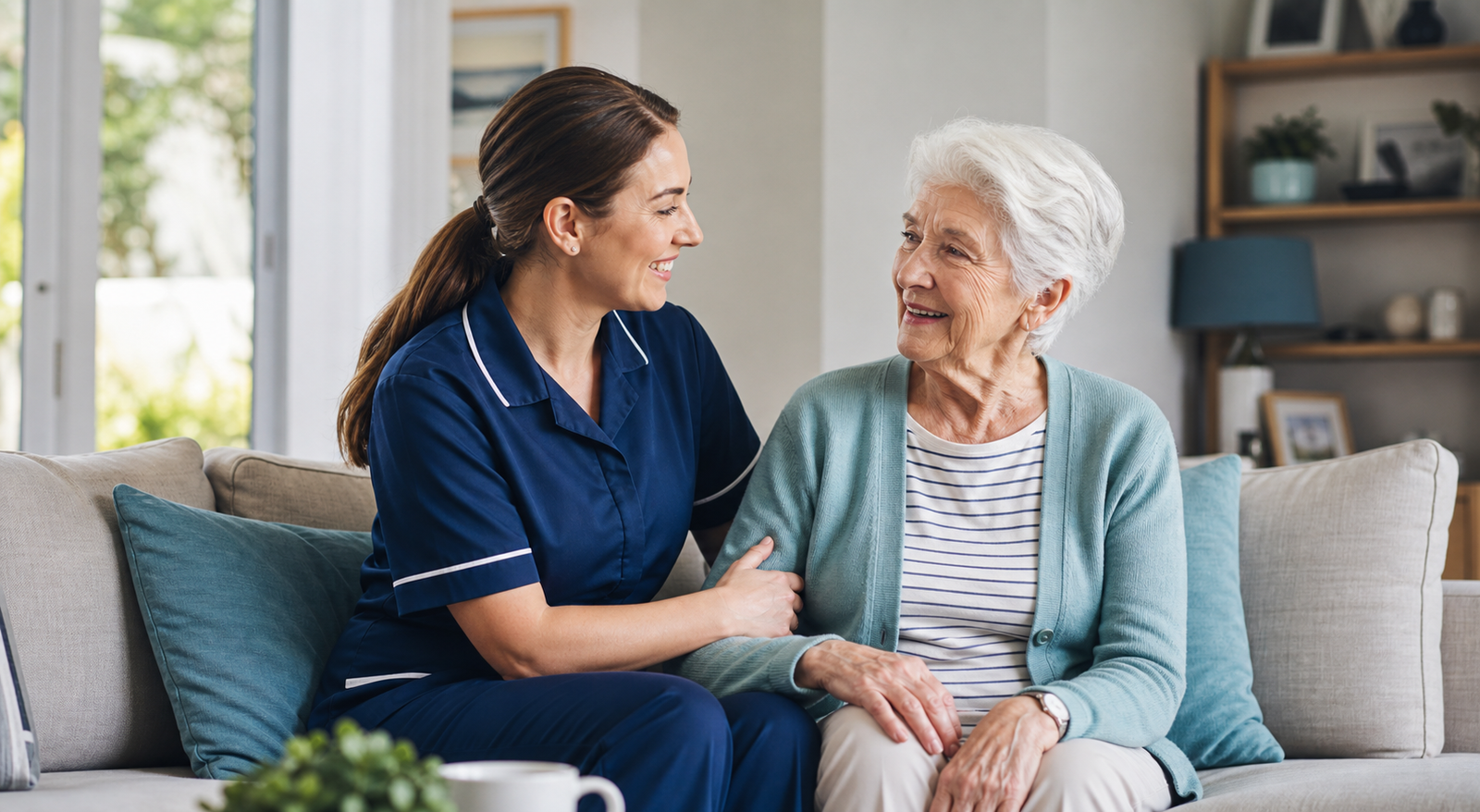 A care worker supporting an older adult at home